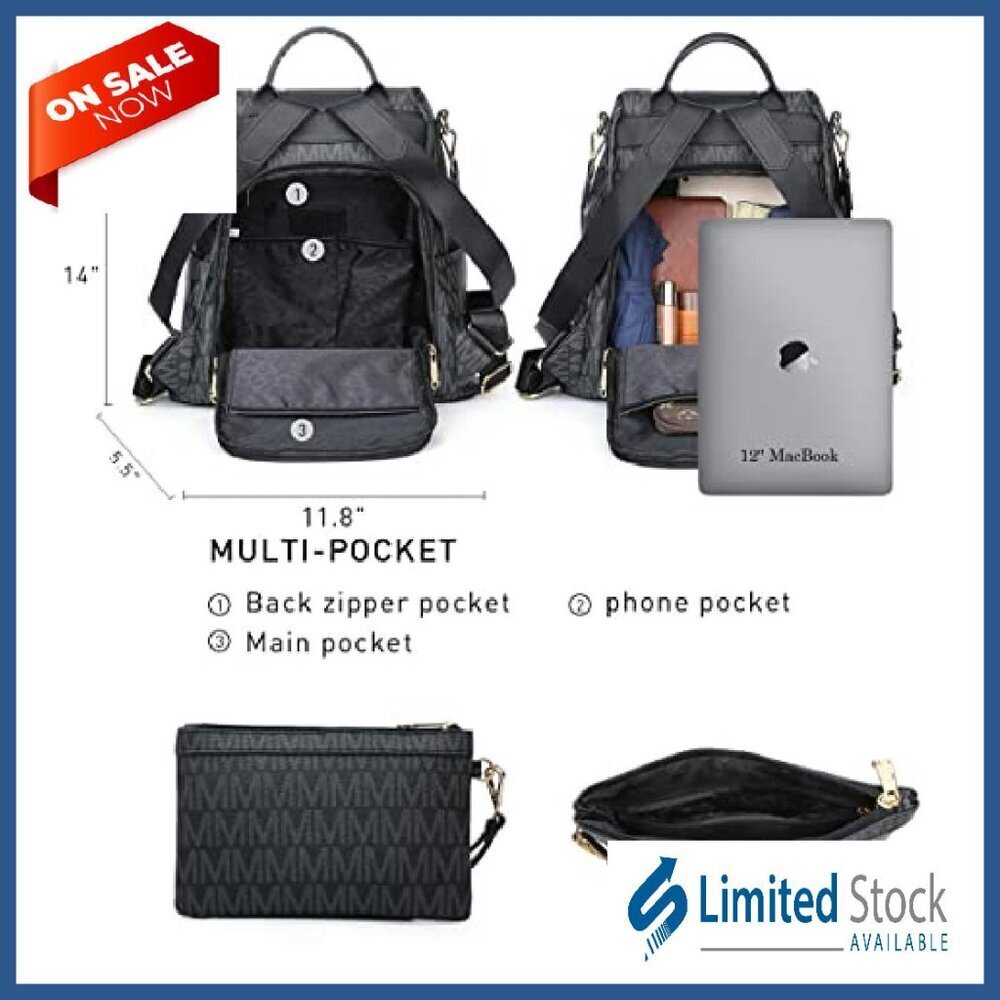 Women's Vegan Leather Anti-Theft Backpack with Wristlet, Multi-Pocket Travel Bag - Picture 5 of 8